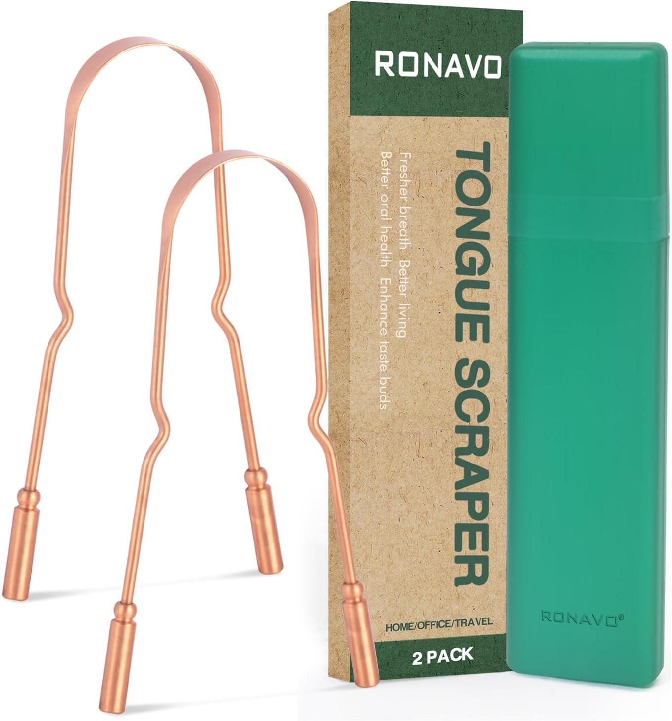RONAVO Copper Tongue Scraper for Adults (2 Pack), 100% Pure Copper, Naturally Anti-Microbial, Banishes Bad Breath and Maintains Oral Hygiene, Tongue Cleaner with Travel Case, Easy to Use and Clean