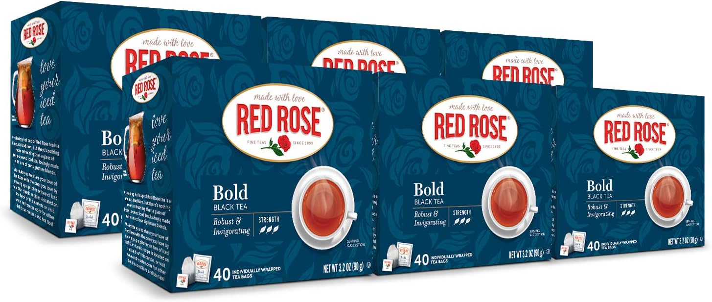 Red Rose Bold Black Tea Specially Blended Strong Tea with 40 Individually Wrapped Tea Bags Per Box (Pack of 6) Contains Caffeine Brew Hot Original Black Tea