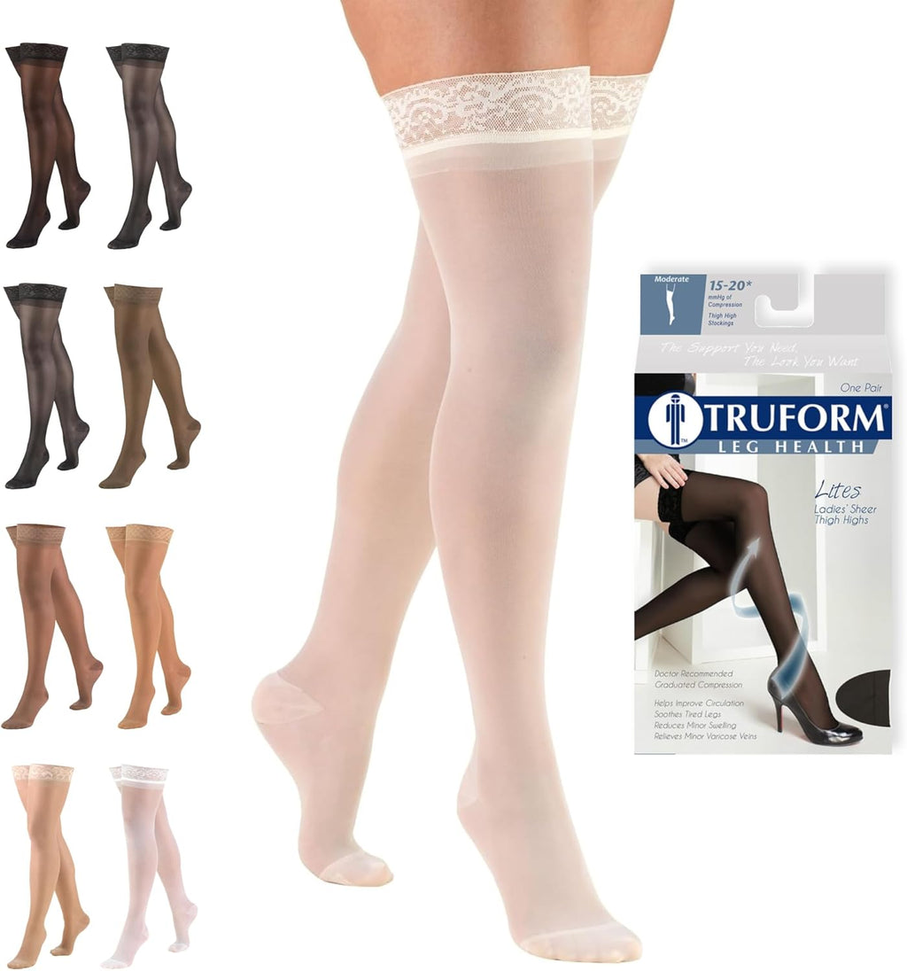 Truform Sheer Compression Stockings, 15-20 mmHg, Women's Thigh High Length, 20 Denier, Ivory, Large