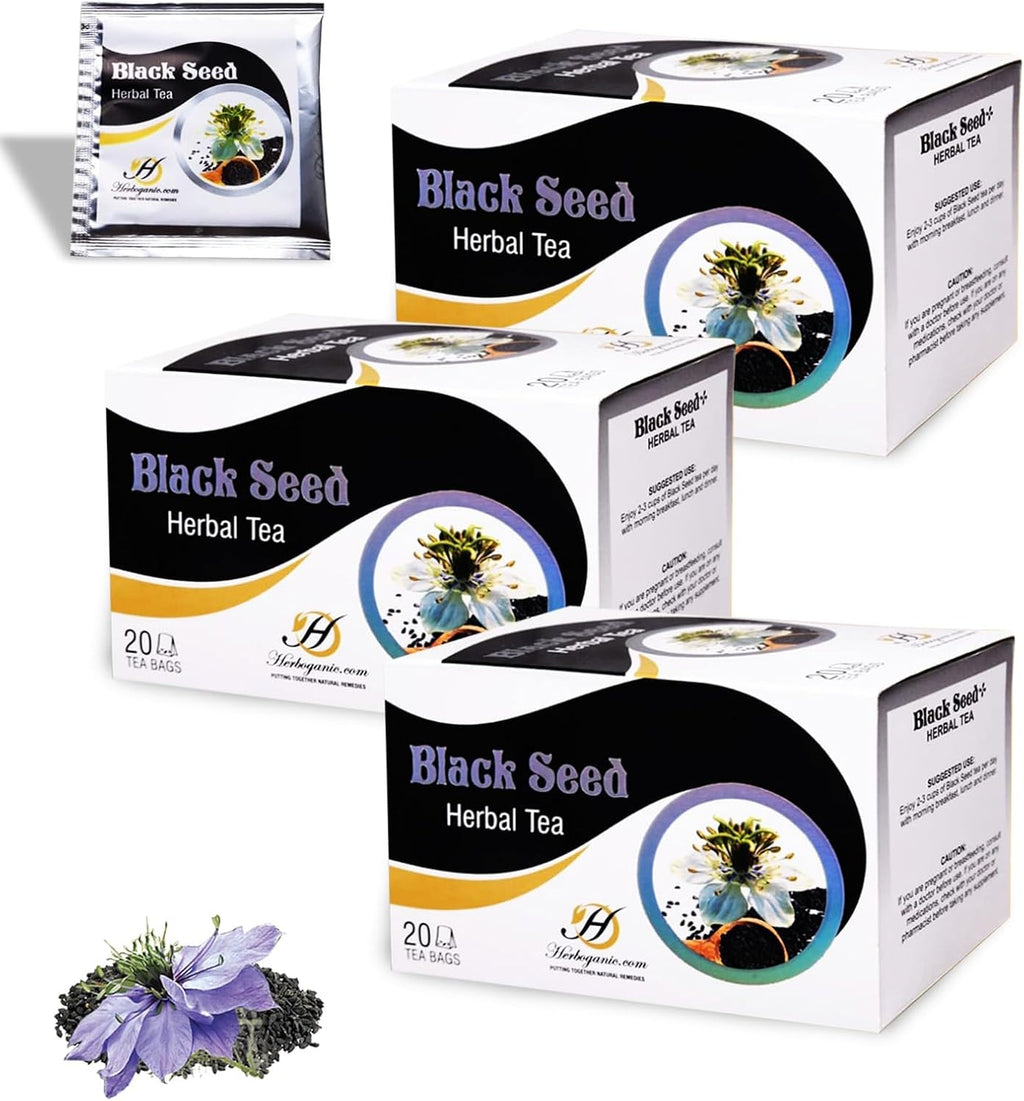 HERBOGANIC Black Seed Herbal Tea - Digestion Support and Immune Boost | Refreshing and Delicious Blend | Natural Ingredients | 60 Tea Bags