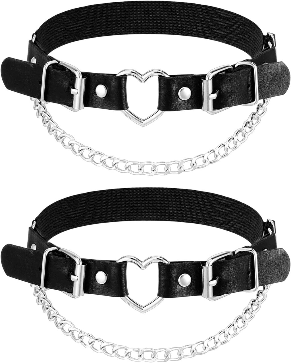2 Pcs Leather Leg Garter with Chains, Adjustable Thigh Belt Women Black Thigh Garter Belt Elastic Leg Ring for Women, Metal Heart Shape Design for Cosplay, Halloween Party, Outfits (Black)
