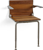 Silhouette Comfort Plus Folding Shower Seat with Armrests & Legs – Heavy-Duty Wall-Mounted Shower Bench, Teak Wood Seat with Silver Frame