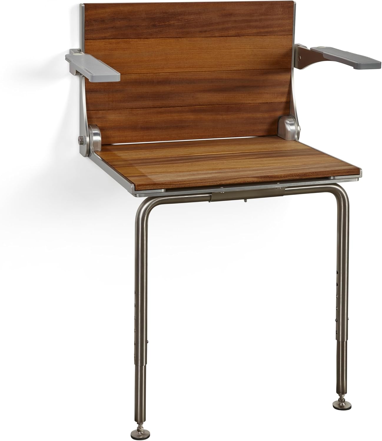 Silhouette Comfort Plus Folding Shower Seat with Armrests & Legs – Heavy-Duty Wall-Mounted Shower Bench, Teak Wood Seat with Silver Frame