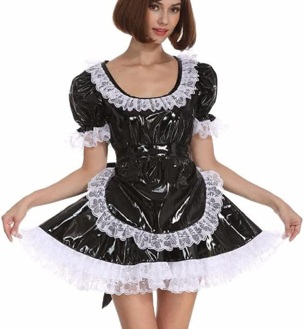Lace Trim Apron Lolita Cosplay Costume A-line Mini Dress PVC Short Sleeve Pleated Dresses,Black,XXL