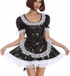 Lace Trim Apron Lolita Cosplay Costume A-line Mini Dress PVC Short Sleeve Pleated Dresses,Black,XXL