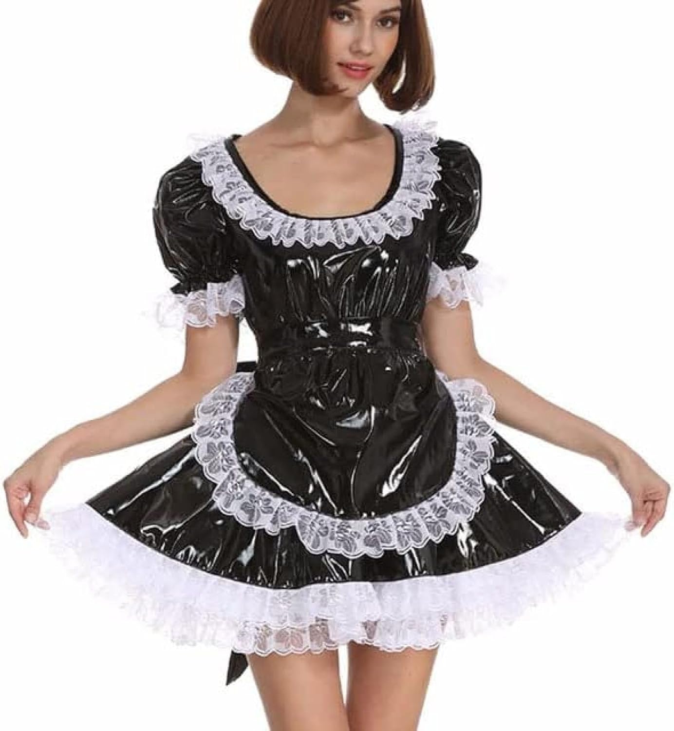 Lace Trim Apron Lolita Cosplay Costume A-line Mini Dress PVC Short Sleeve Pleated Dresses,Black,XXL