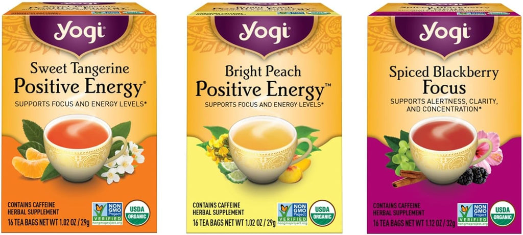 Yogi Tea - Morning Energy Variety Pack (3 Pack) Includes Peach Bergamot Bright Day, Sweet Tangerine Positive Energy, Spiced Blackberry Focus - 48 Organic Tea Bags