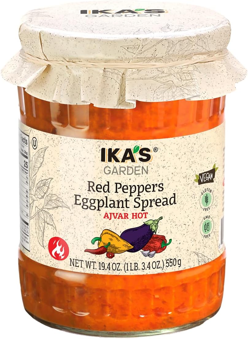 Ika’s Garden Red Pepper & Eggplant Spread Hot Ajvar, 19.4 oz – Spicy Authentic Balkan Recipe | Vegan | Gluten-Free | GMO-Free | Bold & Flavorful Dip, Spread, or Sauce