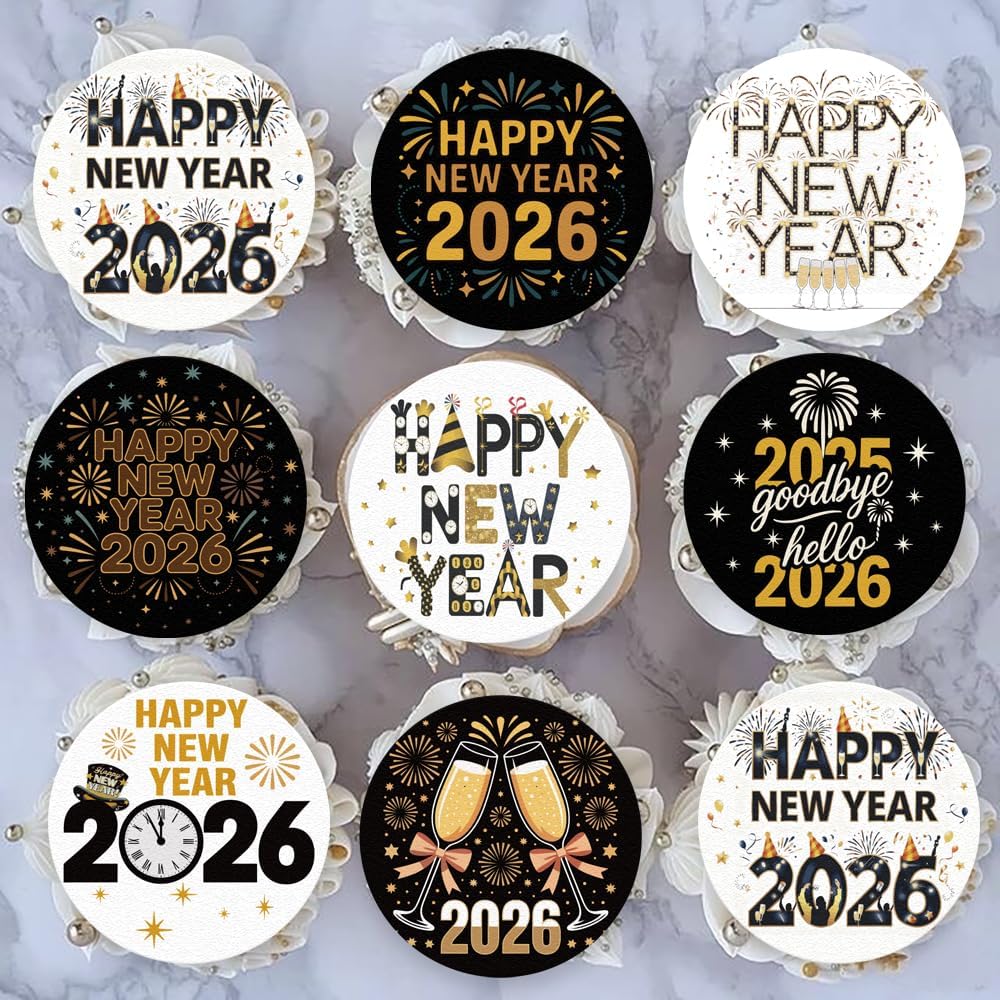 36PCS Edible 2026 Happy New Year Cupcake Toppers Wafer Paper Hello 2026 Cupcake Picks Black Gold 2026 Cake Toppers for Holiday New Year Theme Party Decor Supplies (Pattern 3)