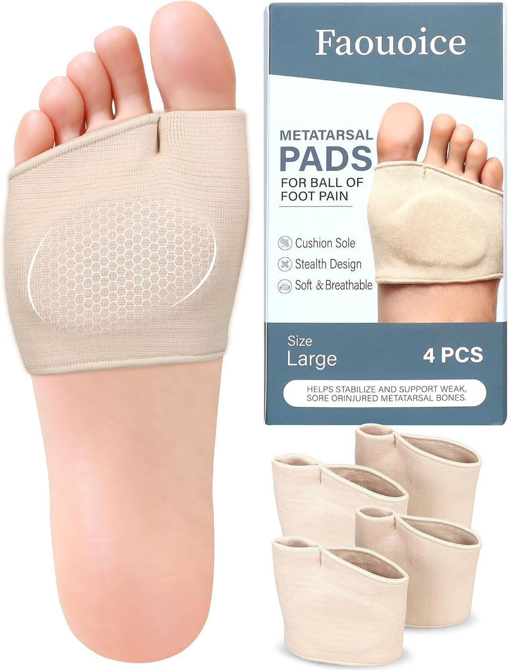 2 Pairs Metatarsal Pads - Gel Ball of Foot Cushions for Women & Men, Washable & Breathable Foot Pads Insoles Ball Pain Relieve for Mortons Neuroma, Metatarsalgia & Bunions, Fit High Heels, Beige Large