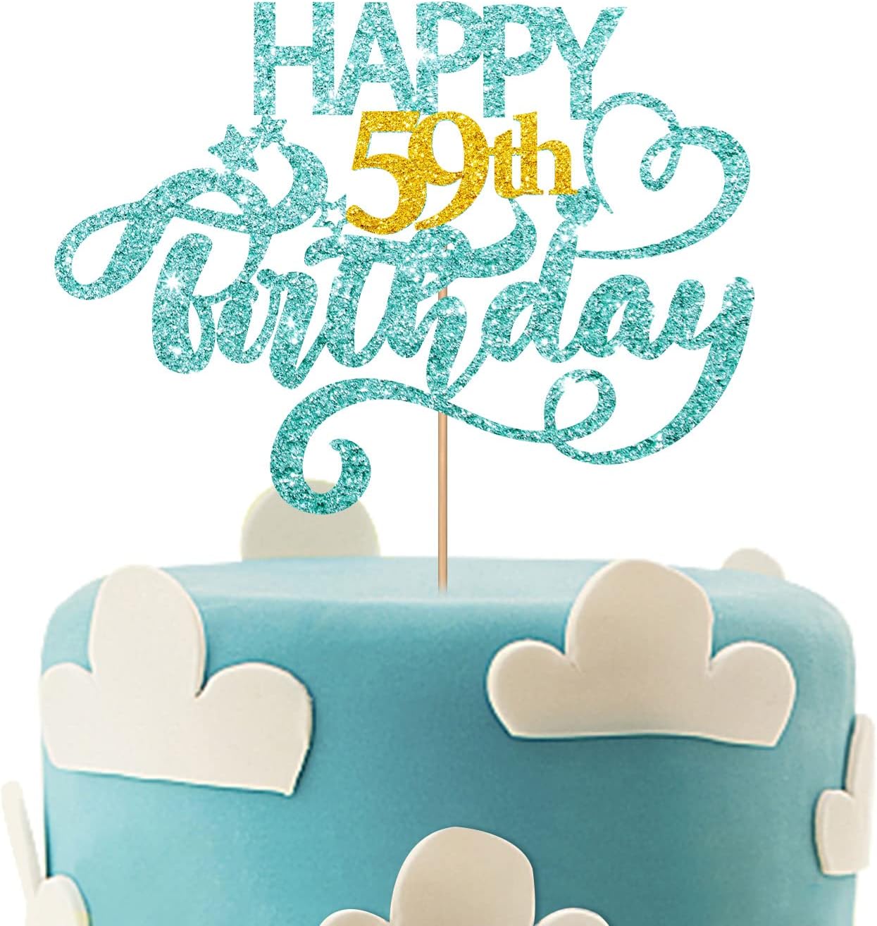 Sky Blue Glitter Happy 59th Birthday Cake Topper, Fifty Nine Years Old Birthday Party Cake Decor, Gold Number 59 Birthday Party Supplies Decorations for Man or Woman
