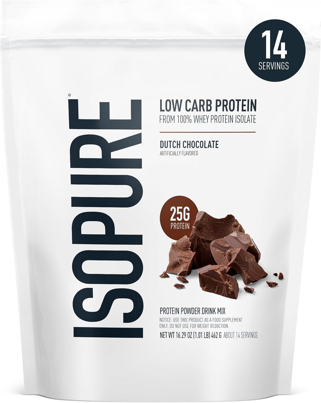 Isopure Low Carb 100% Pure Whey Isolate Protein Powder, Gluten Free, With Vitamins, Dutch Chocolate, 25g Protein Per Serving, 1 Lb, 14 Servings (Packaging May Vary)
