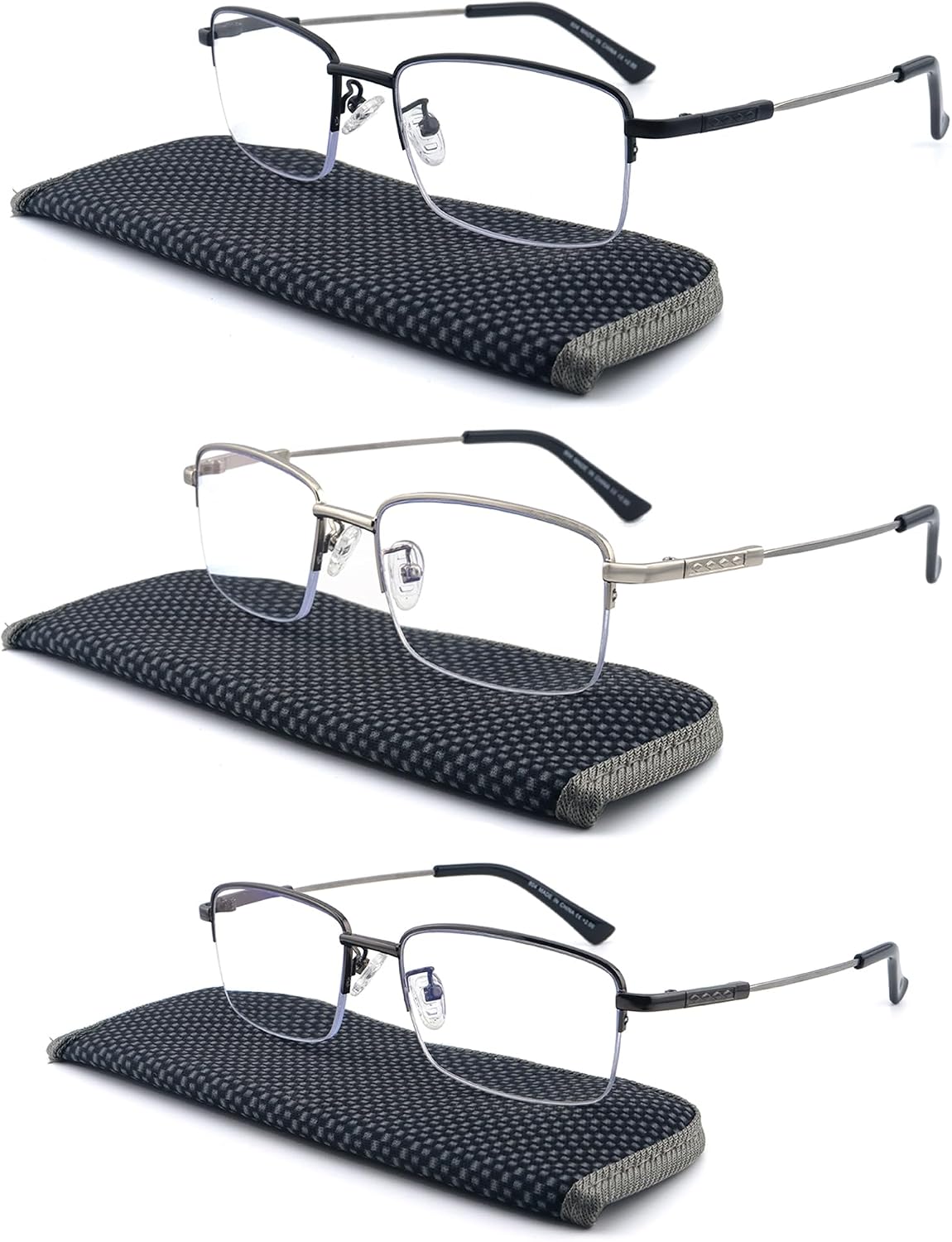 Progressive Multifocus Reading Glasses Blue Light Blocking, Multifocal Readers for Men Women Trifocal Lightweight Eyewear Half Metal Frame Titanium Alloy (3 Pack: Black+Gun+Silver, 1.75)