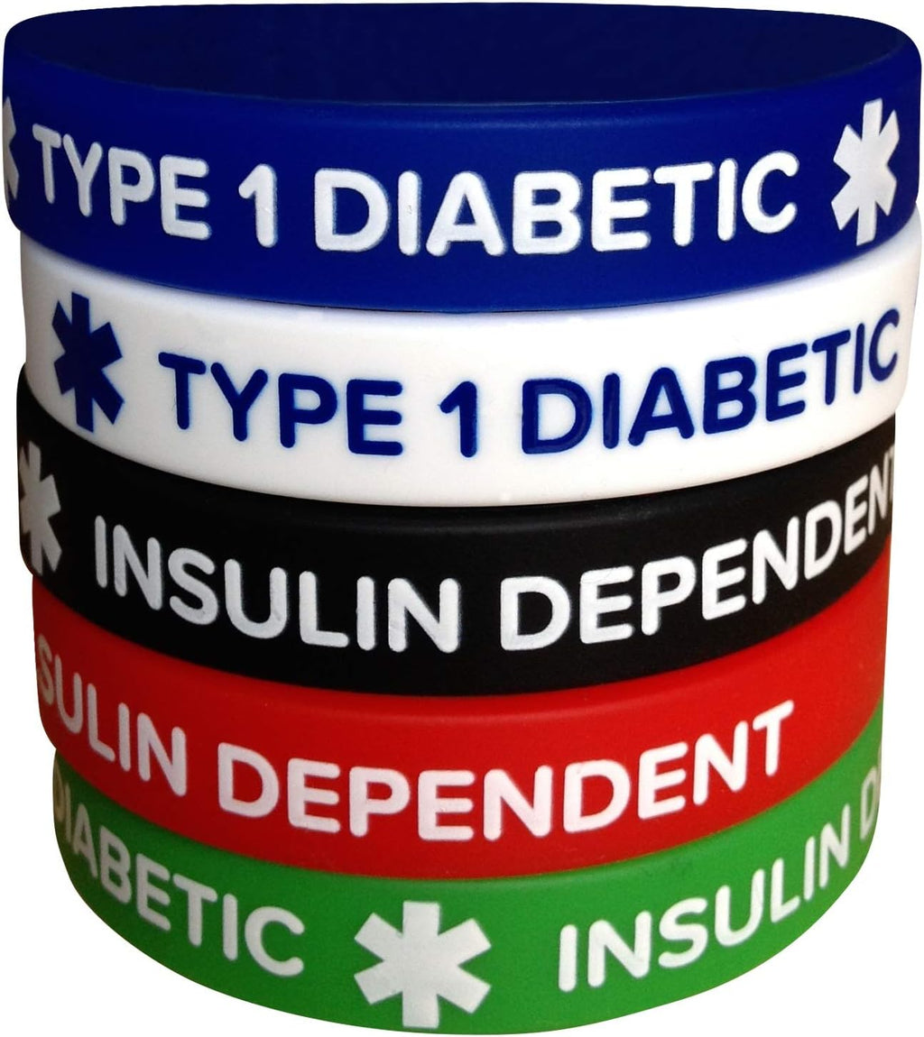 Type 1 Diabetes Silicone Medical Alert Bracelets – 5 Pack, Insulin Dependent Diabetic Wristbands for Adults - 7.8 inches – Waterproof, Unisex Design for Men & Women