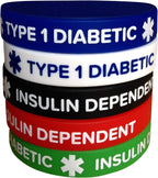 Type 1 Diabetes Silicone Medical Alert Bracelets – 5 Pack, Insulin Dependent Diabetic Wristbands for Adults - 7.8 inches – Waterproof, Unisex Design for Men & Women