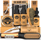 Beard Straightener Grooming Kit for Men, Beard Growth Kit, Wash, Brush & Comb, Unscented Growth Oil, All Natural Sandalwood Balm, Conditioner, Razor & Scissors, Great Gift Idea for Men's (Bamboo)