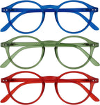OPULIZE REY Reading Glasses for Women Men, Retro Round Frame with Spring Hinges, Matte Blue, Green, Red +1.00 (Pack of 3)
