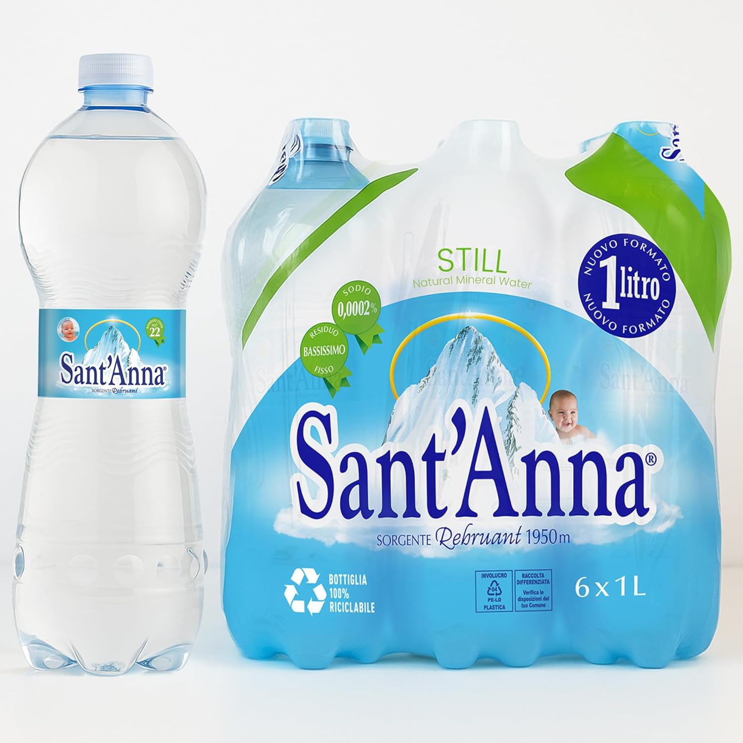 Sant'Anna Still Mineral Water, 33.8 Fl Oz (6-Pack) | Pure Italian Alps Mountain-Fresh Drinking Water | Natural Functional Drink | Sodium-Free Mineral in BPA-Free Bottles