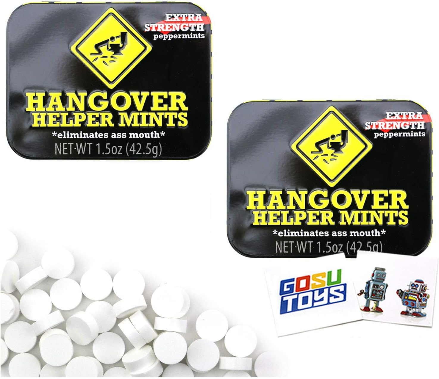 Hangover Helper Mints Fun Party Gag Tin (2 pack) Extra Strength Peppermints Candy Gift Stuffer with 2 GosuToys Stickers