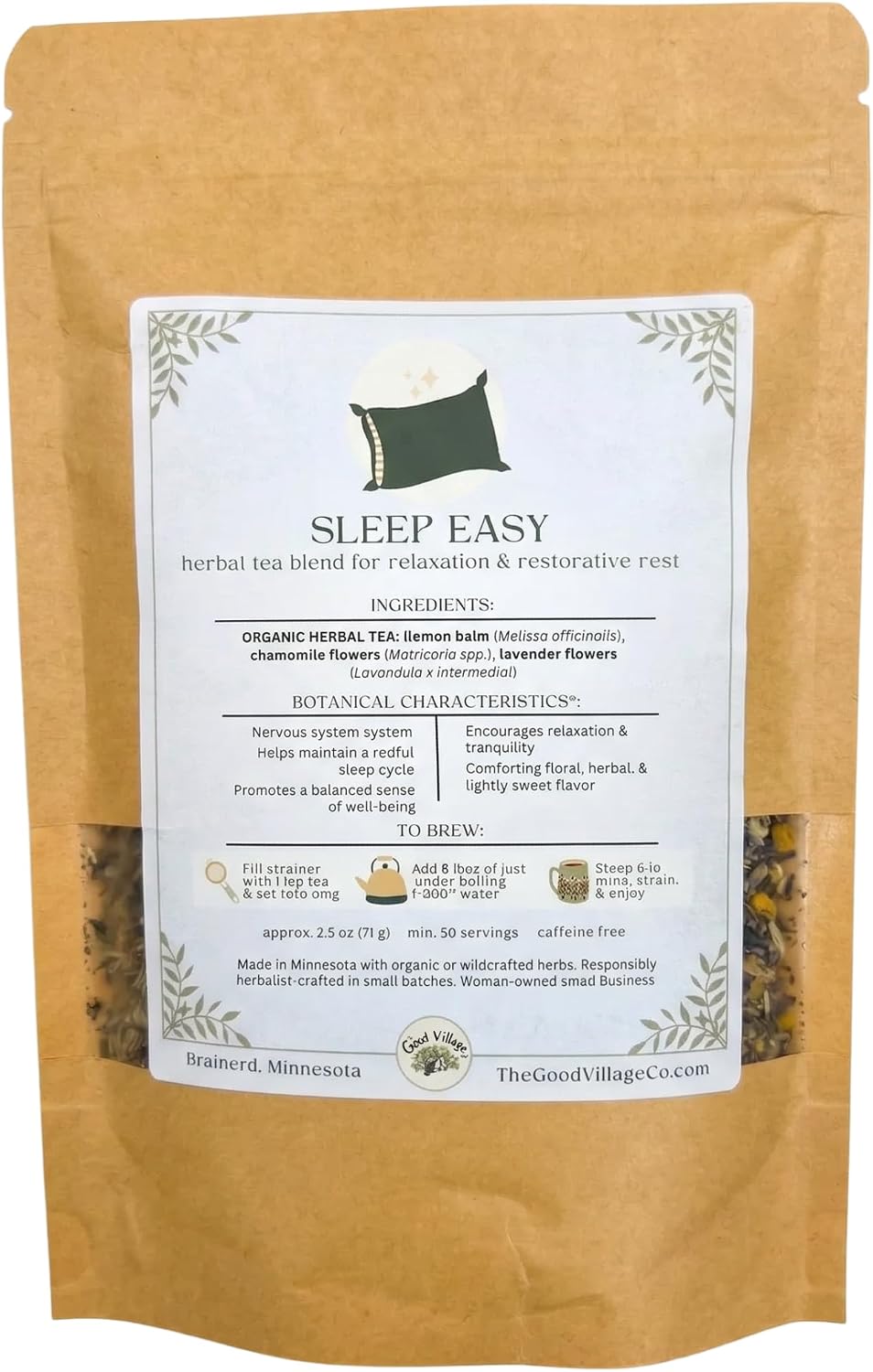 The Good Village Co. Sleep Easy Loose Leaf Herbal Tea, Caffeine Free Botanical Blend with Lemon Balm, Egyptian Chamomile Flower & Lavender, 2.5 oz, Approx. 50 Servings