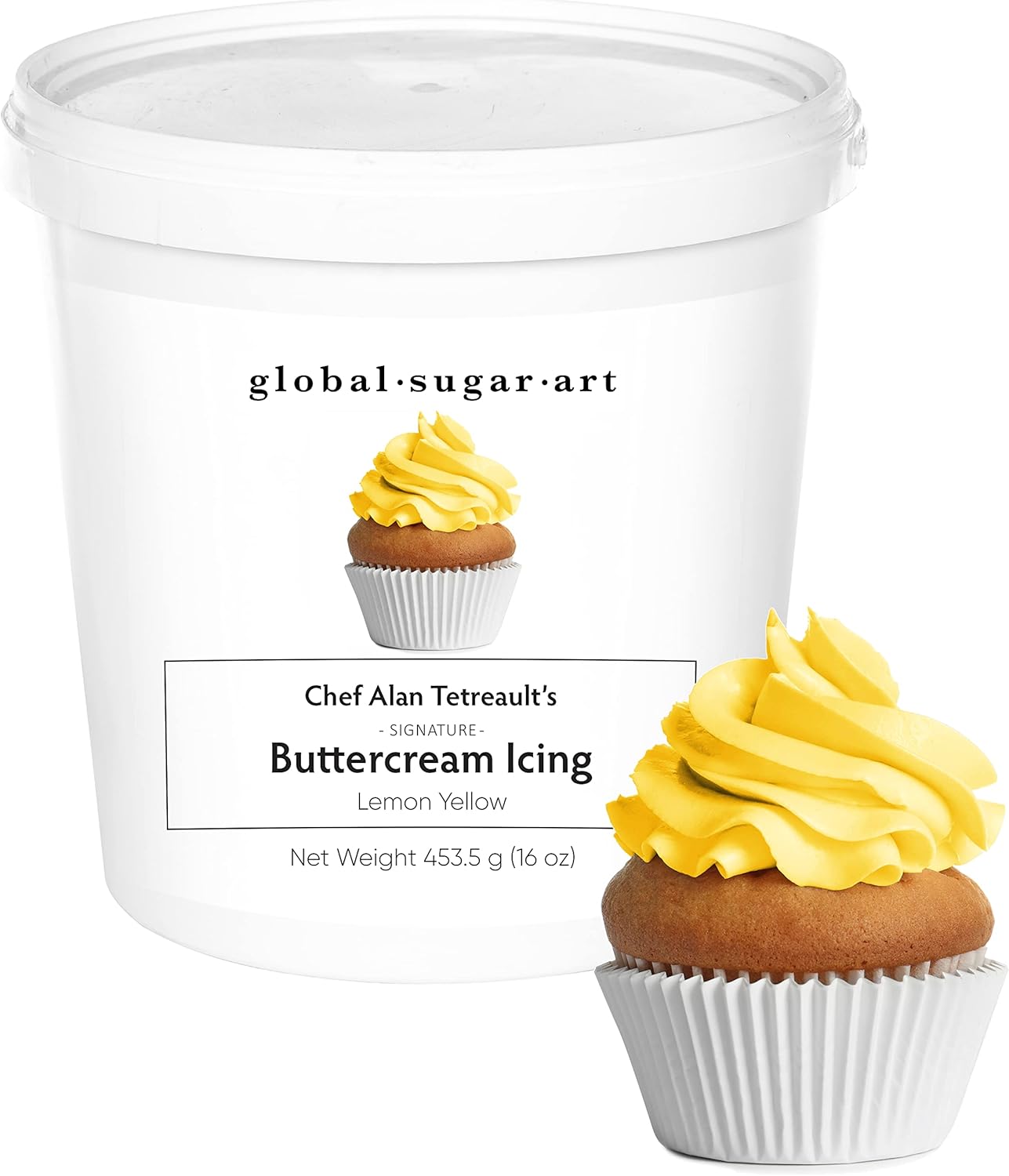 Yellow Buttercream Frosting for Cake Decorating – Firm Icing for Cakes & Cupcakes, 16 Ounce Tub by Global Sugar Art/Chef Alan Tetreault (Lemon Yellow, 16 Ounce)