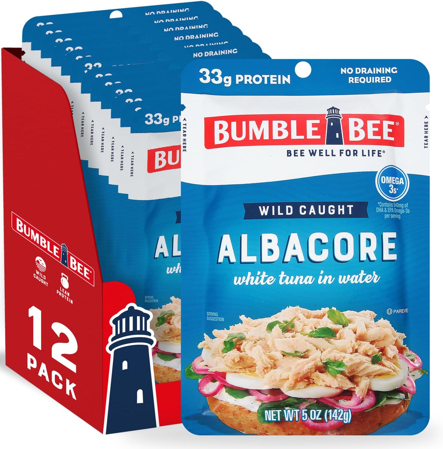 Bumble Bee Chunk White Albacore Tuna in Water, 5 oz Pouches (Pack of 12) - Ready to Eat Wild Caught Tuna Packet - 33g Protein per Pouch, High in Omega-3s - Non-GMO, Gluten Free, Kosher