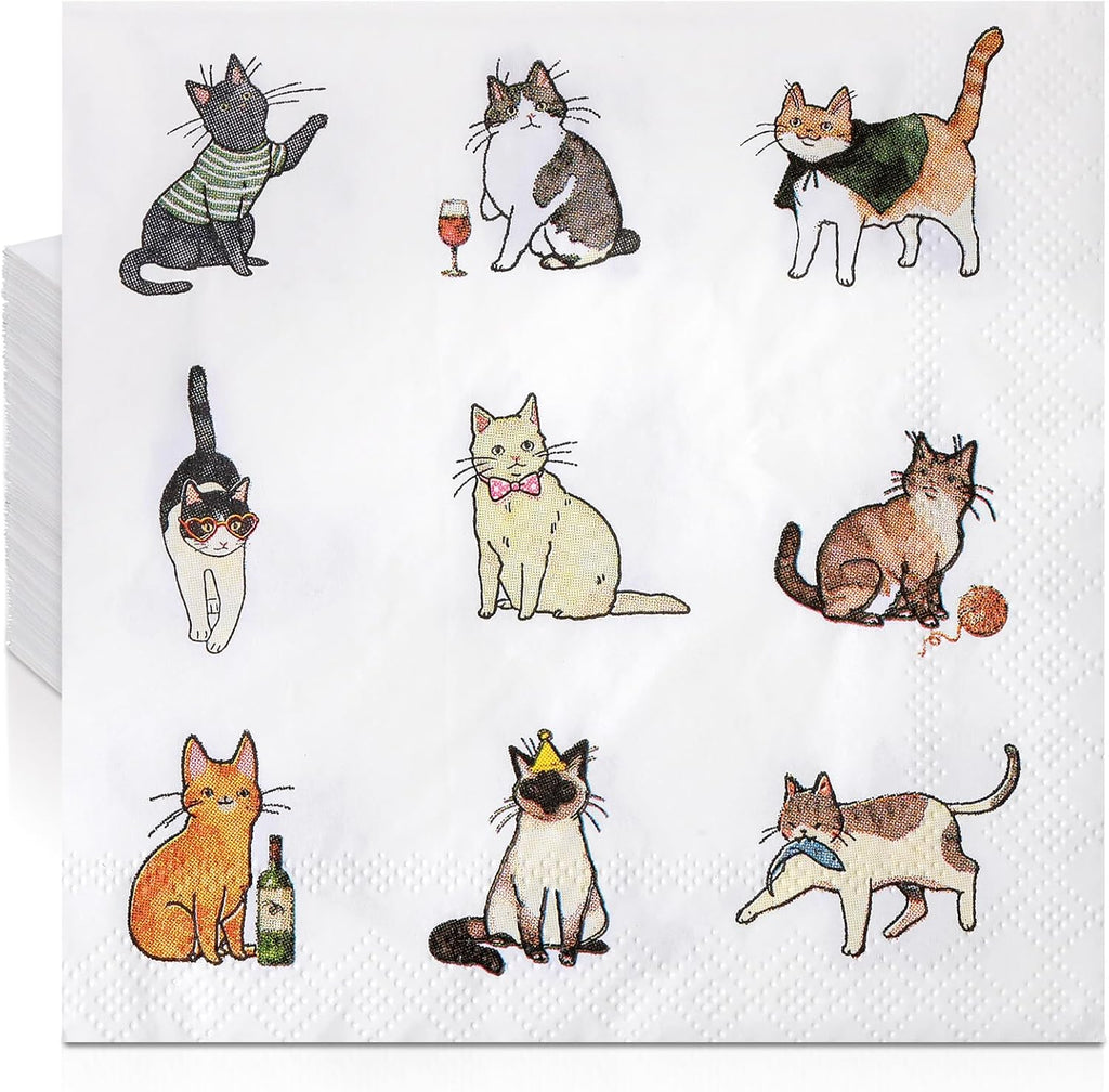 Frienda 60 Pcs Sweet Cat Life Cocktail Napkins 5 x 5 Inch Disposable Beverage Paper Napkins Decorative Dinner Decor for Baby Shower Birthday Home Table Party Supplies