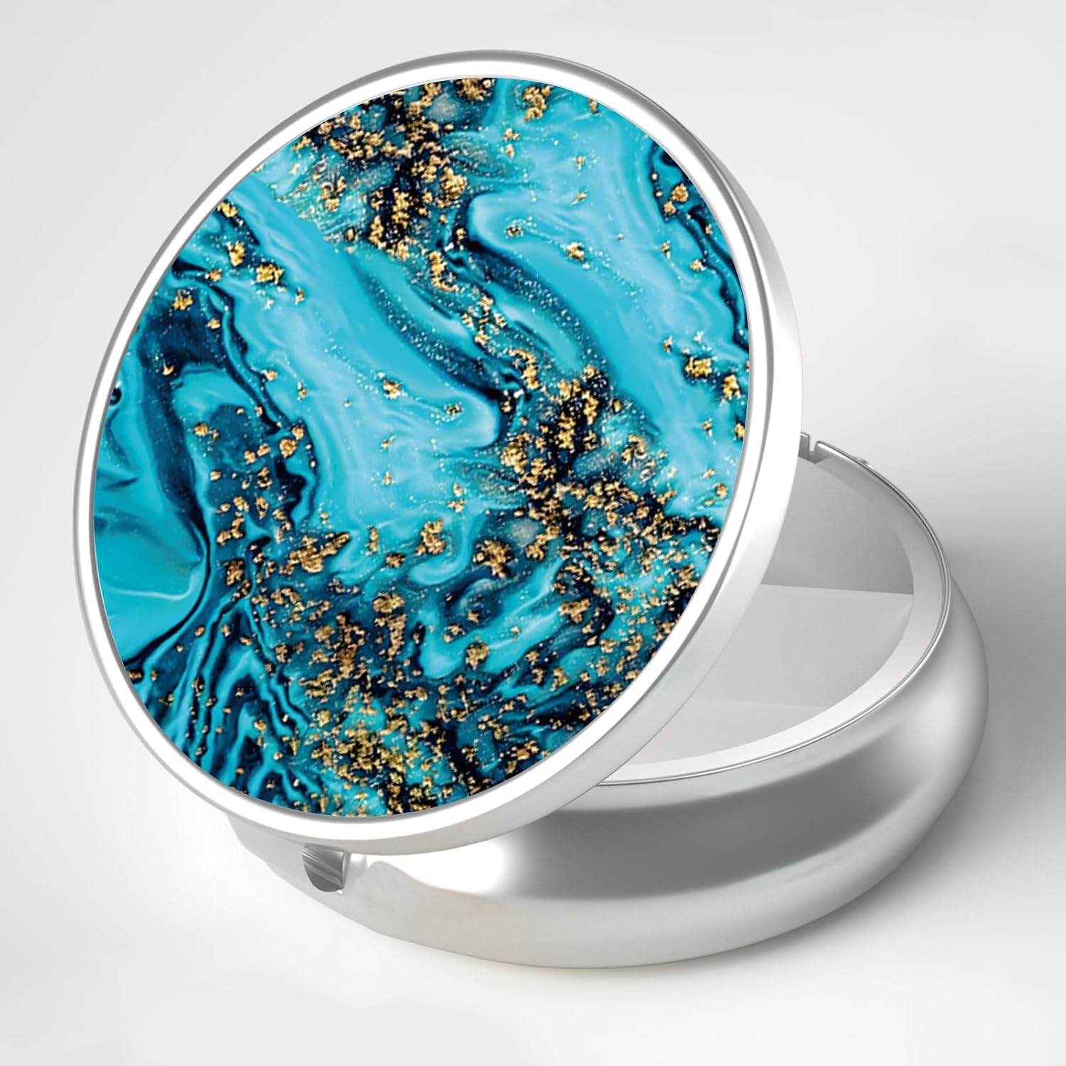 Pill Box, 3 Compartment Portable Travel Medicine Box with Mirror, Compact and Cute, Fits in Purse and Pocket, Medicine and Vitamin Organizer (Blue Gold Marble)
