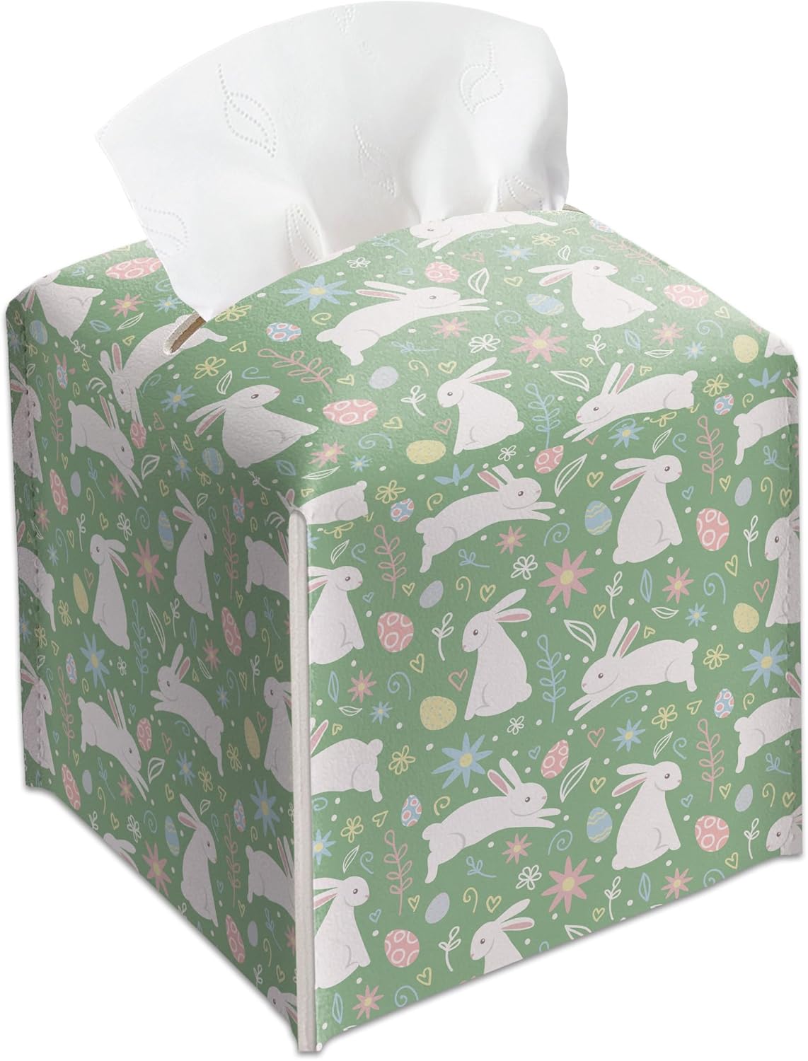 Easter Bunnies Leather Tissue Box, Rabbit Egg Tissue Box Cover, Square Leather Holder, Easter Spring Table Decor, Decorative for Home Office Kitchen Bathroom -01