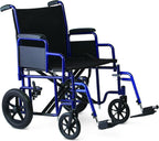 Medline Heavy Duty Transport Chair supports up to 500 lbs., Bariatric Transport Wheelchair, 22" x 18" seat, Blue Frame