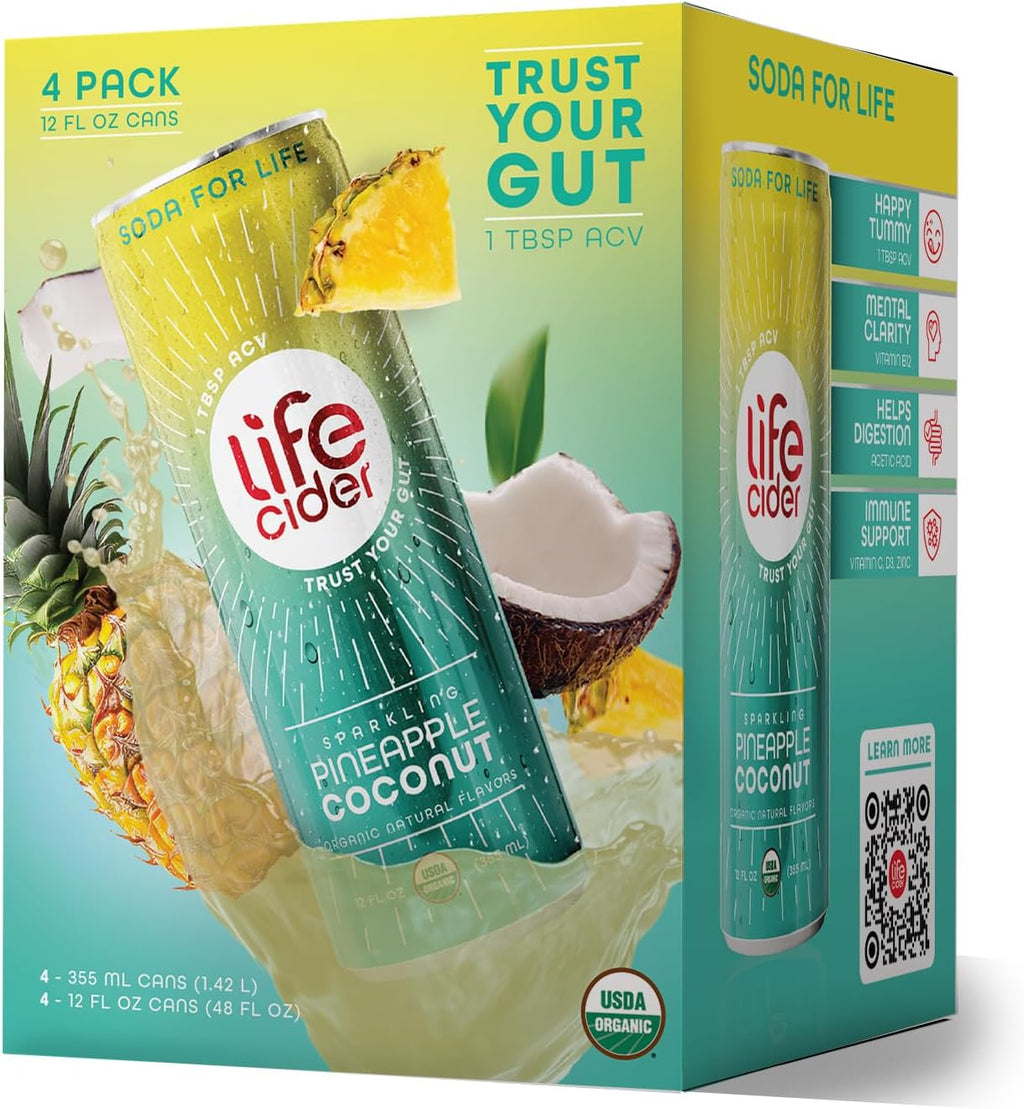 Life Cider Pineapple Coconut Apple Cider Vinegar Soda, 4 Pack, Organic Sparkling AVC Drink, Natural Flavors, Promotes Gut Health, Vitamins C, B12, Zinc, D3