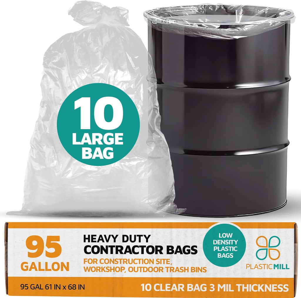 PlasticMill Contractor Bags Heavy Duty - Commercial, Industrial Garbage Bags - Clear Construction Trash Bags - Outdoor, Garden Trash Bags, 95-Gallon, 3 Mil, 61"x68" (10-Count)
