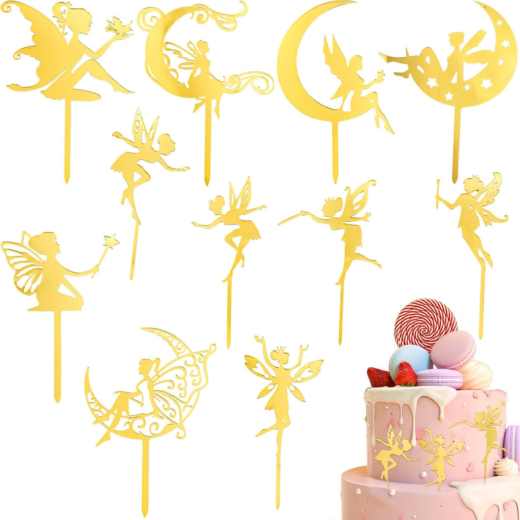 11 Pcs Gold Fairy Cake Toppers Flower Angel Cupcake Topper Ballet Fairy Birthday Cake Decorations for Birthday Wedding Decoration Supplies