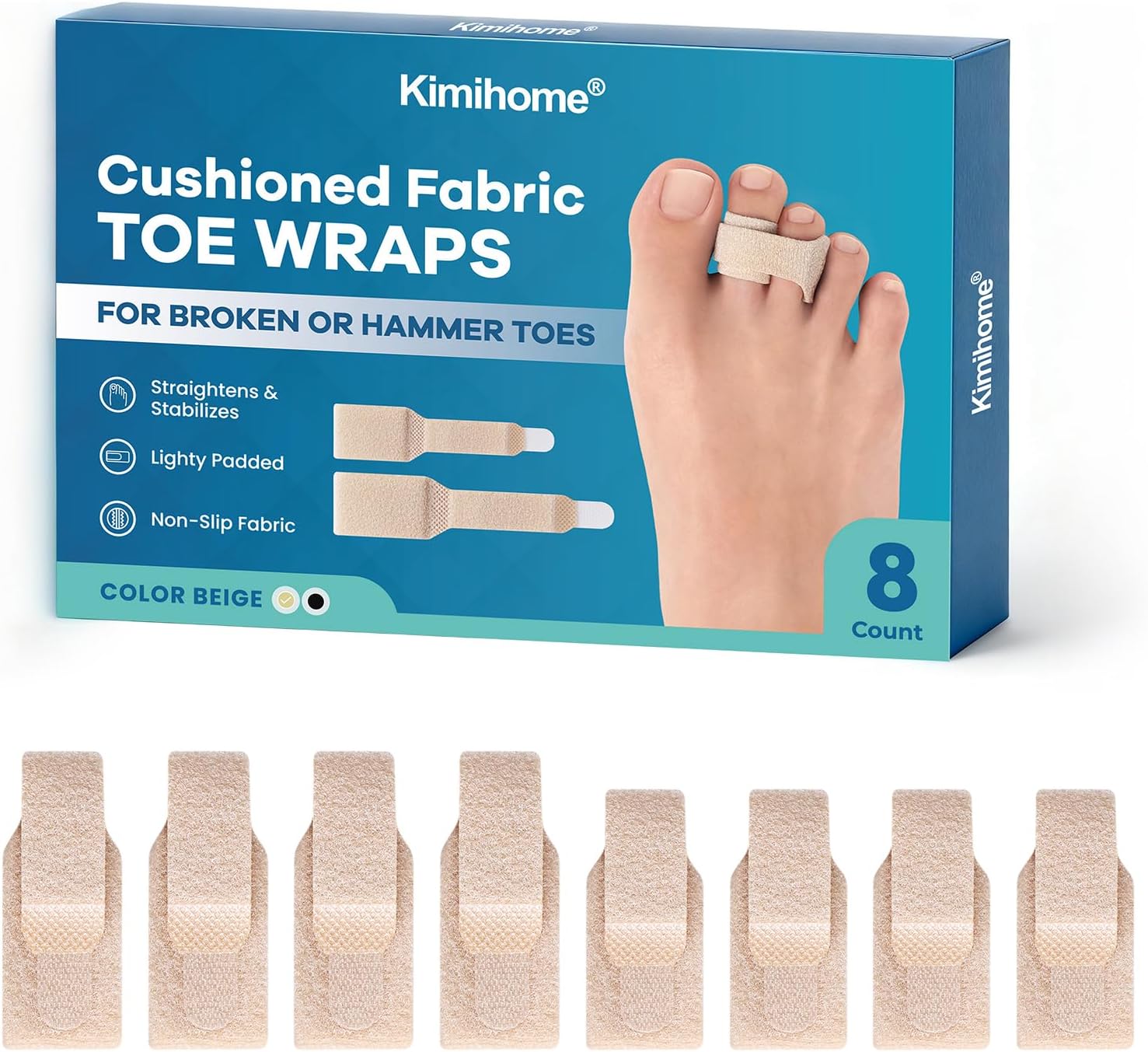 Kimihome Hammer Toe Corrector for Women & Men - Reusable Fabric Broken Toe Wraps - Hammertoe Straightener - Toe Splints for Bent, Curled, Crooked, Claw Toes (4 Large + 4 Small, Beige)