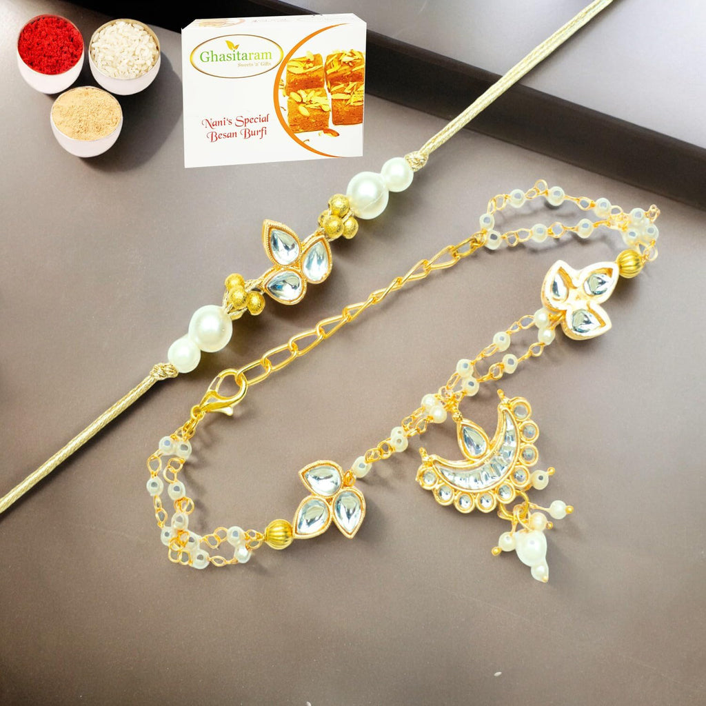 Ghasitaram Gifts Jaiccha Rakhi for Brother Rakhis Online Rmj-8512 Bhaiya Bhabhi Rakhi with 200 gms of Besan Barfi