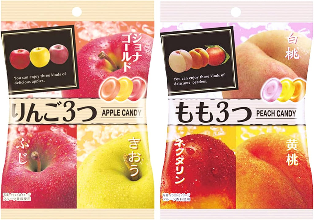 Umaya Premium Japanese Hard Candy 2 Pk - Apple Trio - Jonagold, Kiou, Fuji - Peach Trio - White, Yellow, Nectarine - 2.6oz Each with Snack Clip - Real Fruit Flavor Candies Product of Japan