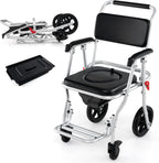 Giantex Bedside Commode Wheelchair for Toilet - Foldable Shower Chair with Arms, Lockable Casters, Detachable Bucket, Transport Wheelchair, Rolling Bath Chair, Shower Seats for Elderly, Handicap