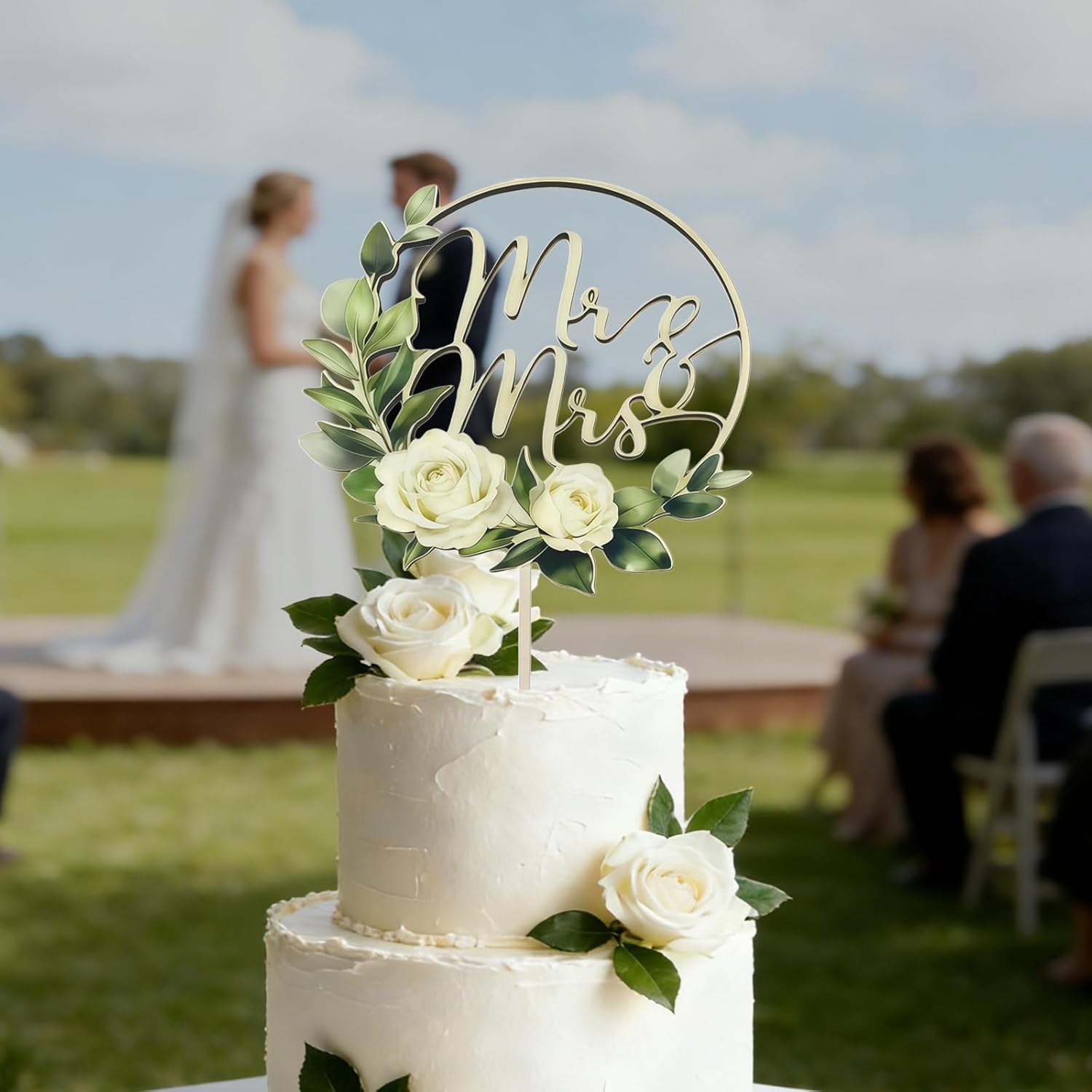 Wooden Wedding Cake Topper, Mr and Mrs with Roses - Elegant Floral Cake Decor for Wedding, Anniversary, Bridal Shower, Birthday (Classical-A)