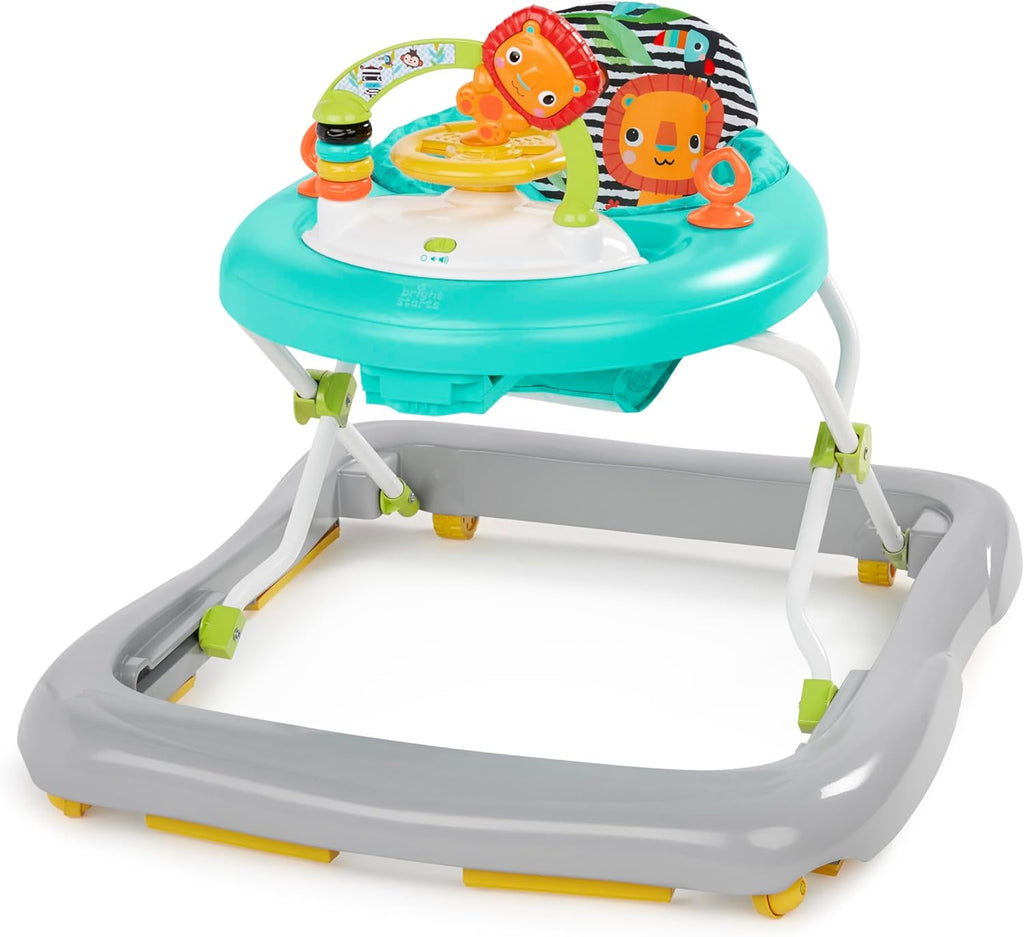 Bright Starts Zig Zag Zebra Baby Walker with Steering Wheel, Lights & Songs, Easy Fold Frame for Storage, Height Adjustable, Ages 6 Months +