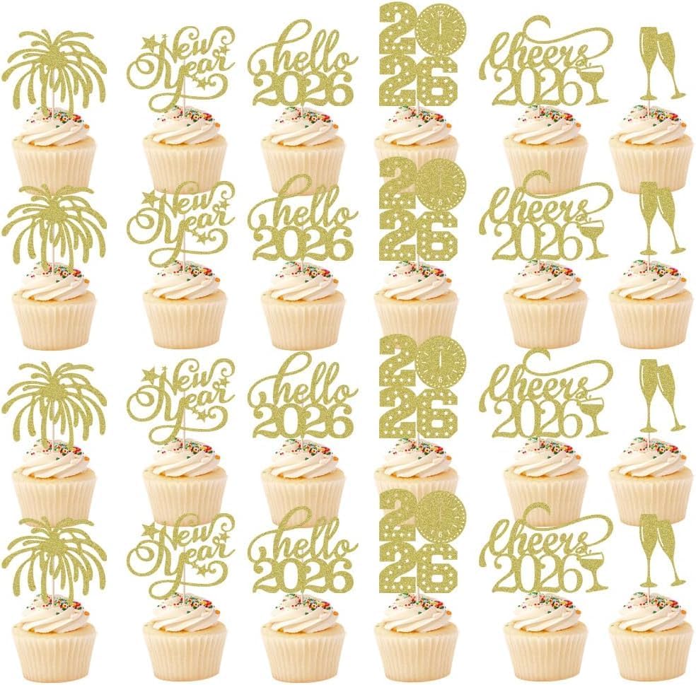 24Pcs Happy New Year Cupcake Topper,Glitter New Year Cake Decorations,Best Dessert Decor Present for Holiday,Hello 2026,New Year's Eve party supplies 2026