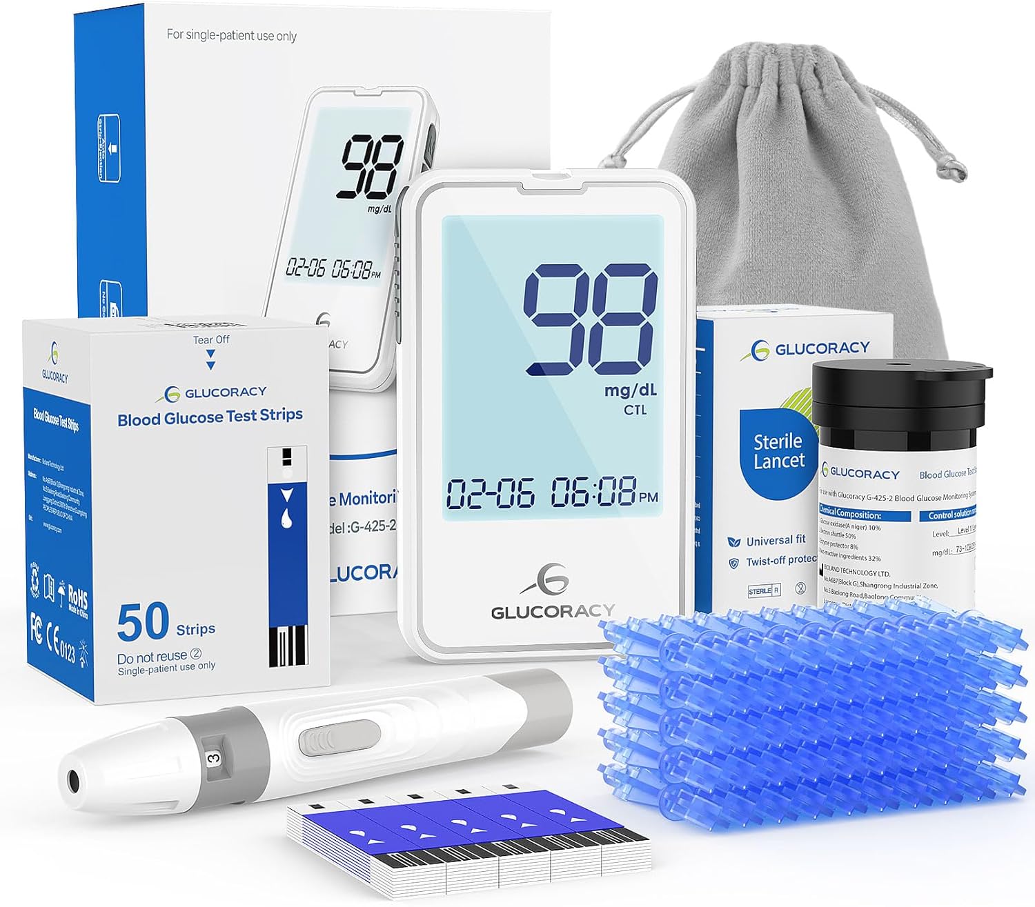 Glucoracy G-425-2 Blood Glucose Monitoring System,Blood Sugar Test Kit with Lancing Device, 50 Test Strips and 50 Lancets for Diabetes, Home Testing Kit