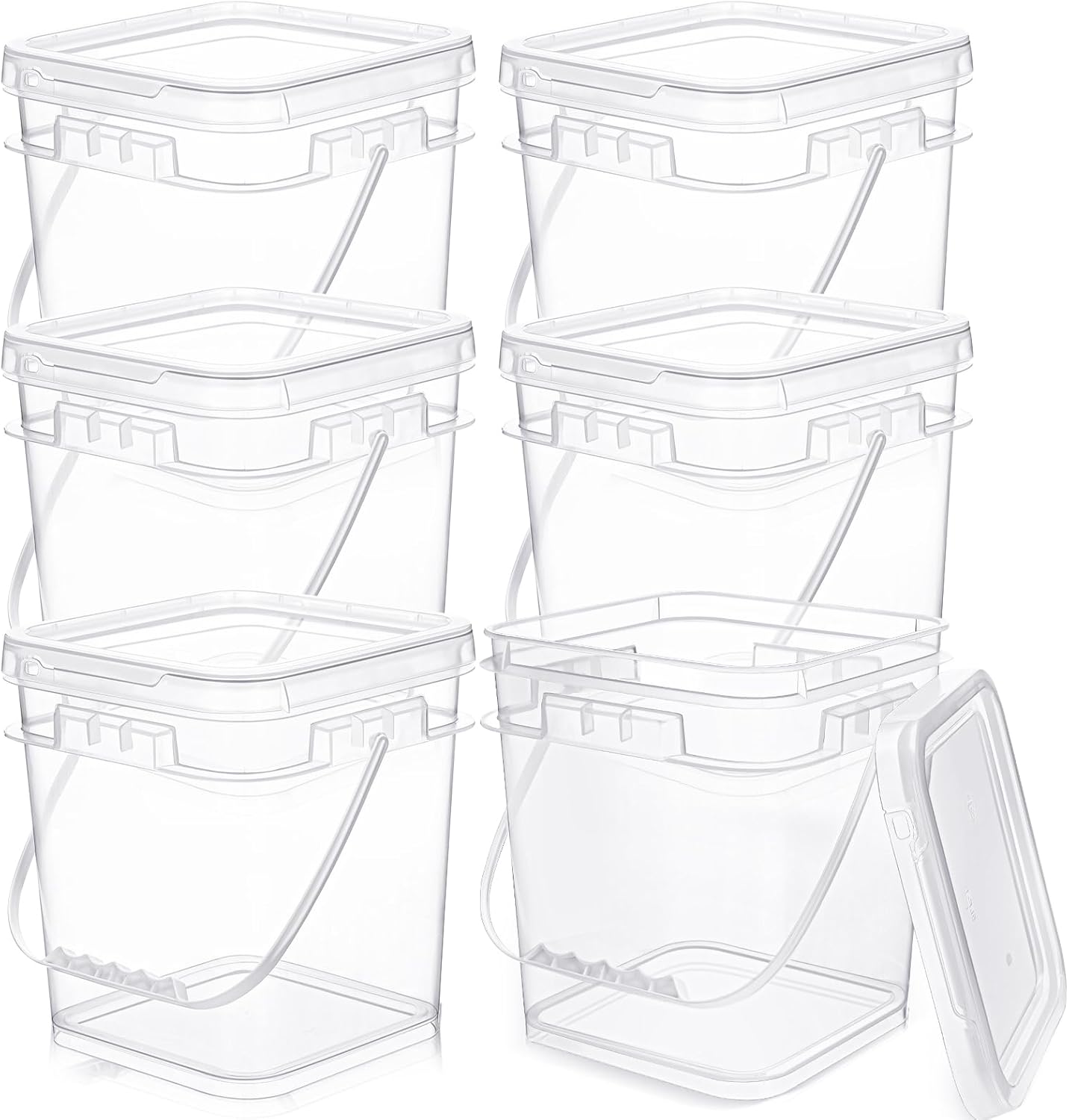 Domensi 6 Pcs Clear Square Bucket with Lid Food Ice Cream Plastic Buckets with Handle Reusable Freezer Containers Industrial Pails for Paint Storage for Kitchen Home(1.5 Gallon)