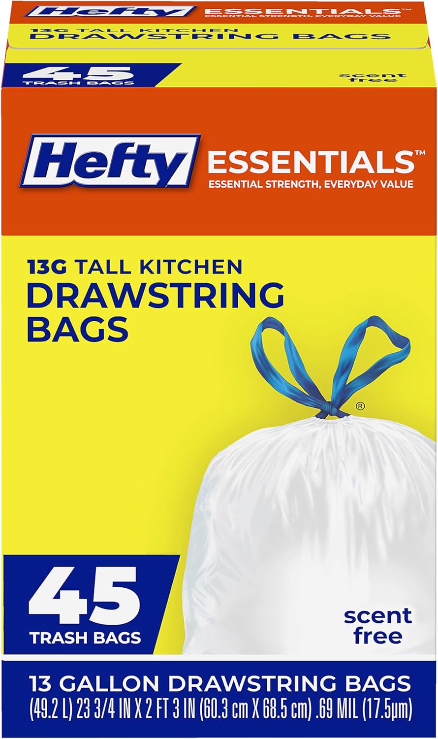Hefty Essentials Drawstring 13 Gallon Kitchen Trash Bags, 45 Count, Tall Unscented Trash Bags for Kitchens, Home Offices, or Laundry Rooms, Easy to Tie, Lift, and Carry, White