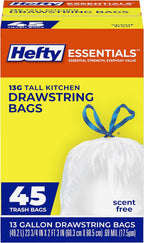 Hefty Essentials Drawstring 13 Gallon Kitchen Trash Bags, 45 Count, Tall Unscented Trash Bags for Kitchens, Home Offices, or Laundry Rooms, Easy to Tie, Lift, and Carry, White