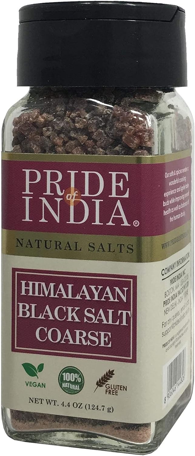 Pride of India Himalayan Black Salt (Kala Namak) 4.4 oz | Coarse Grind Mineral Rich Rock Salt for Cooking, Seasoning & Tofu Scramble | White Salt Alternative | Glass Shaker Jar