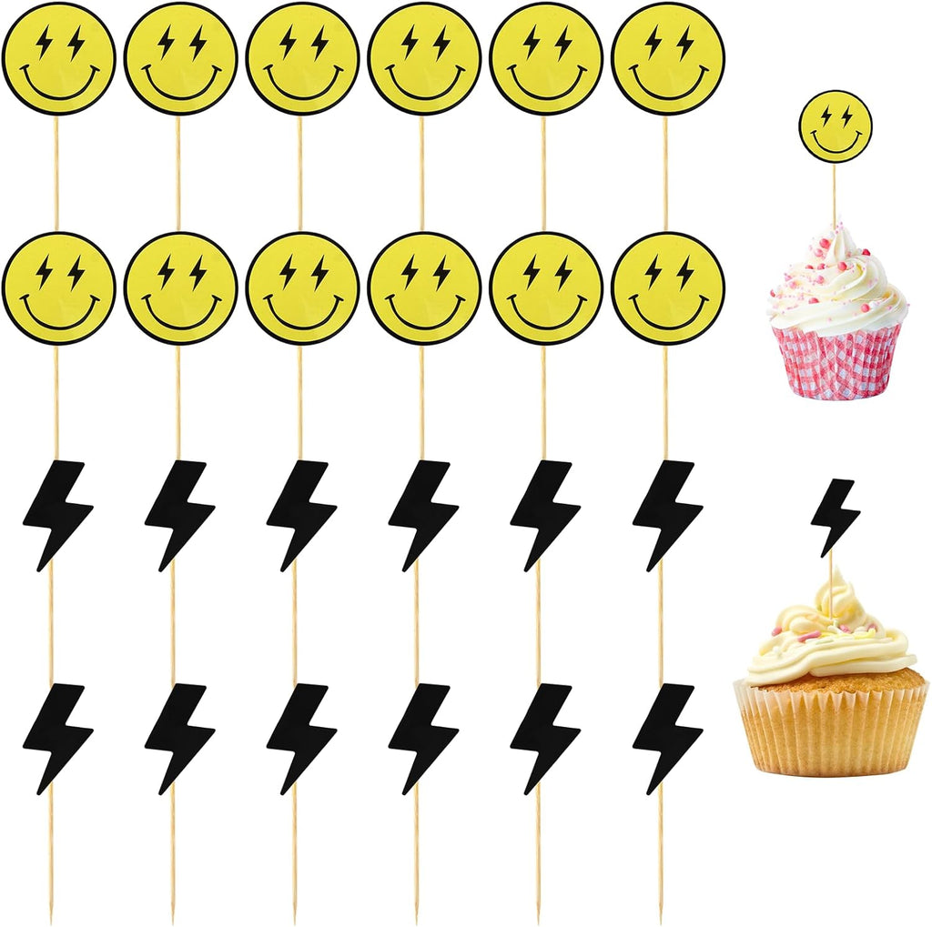 24PCS One Happy Dude Cupcake Toppers,Retro Smiley Face Checkered Cake Decorations for Boys 1st Birthday Party, Groovy First Birthday Supplies - Smiley Face Cake Picks