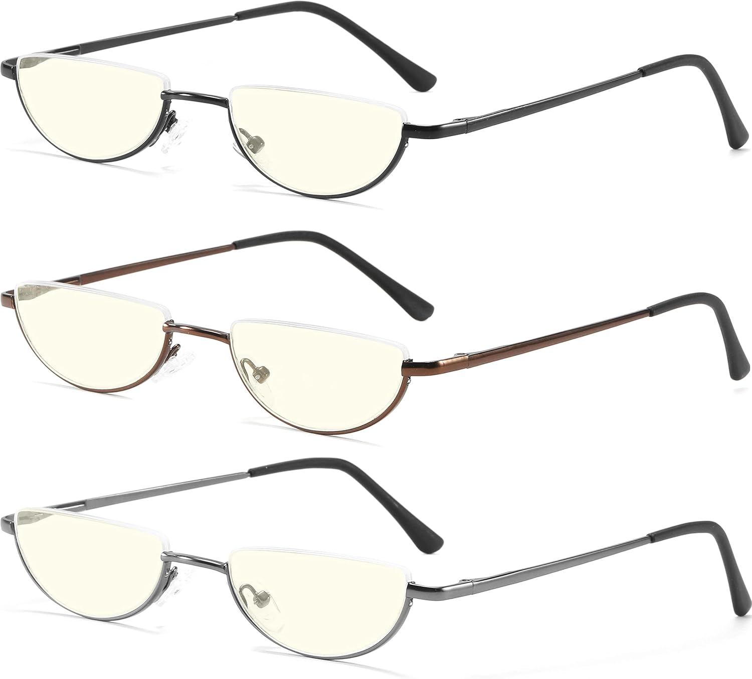 Half Lens Reading Glasses Blue Light Blocking, Half Moon Frame Semi Rim Spring Hinge Readers with Case for Men Women 3 Pack +2.0