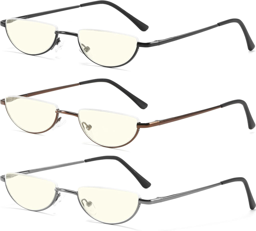 Half Lens Reading Glasses Blue Light Blocking, Half Moon Frame Semi Rim Spring Hinge Readers with Case for Men Women 3 Pack +1.5