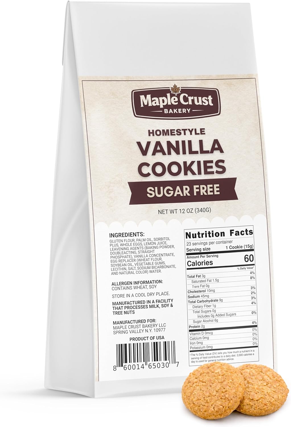 Sugar Free Homestyle Vanilla Cookies - 12 oz Resealable Bag, Classic Bakery-Style Cookies With Rich Vanilla Flavor, No Added Sugar Treat