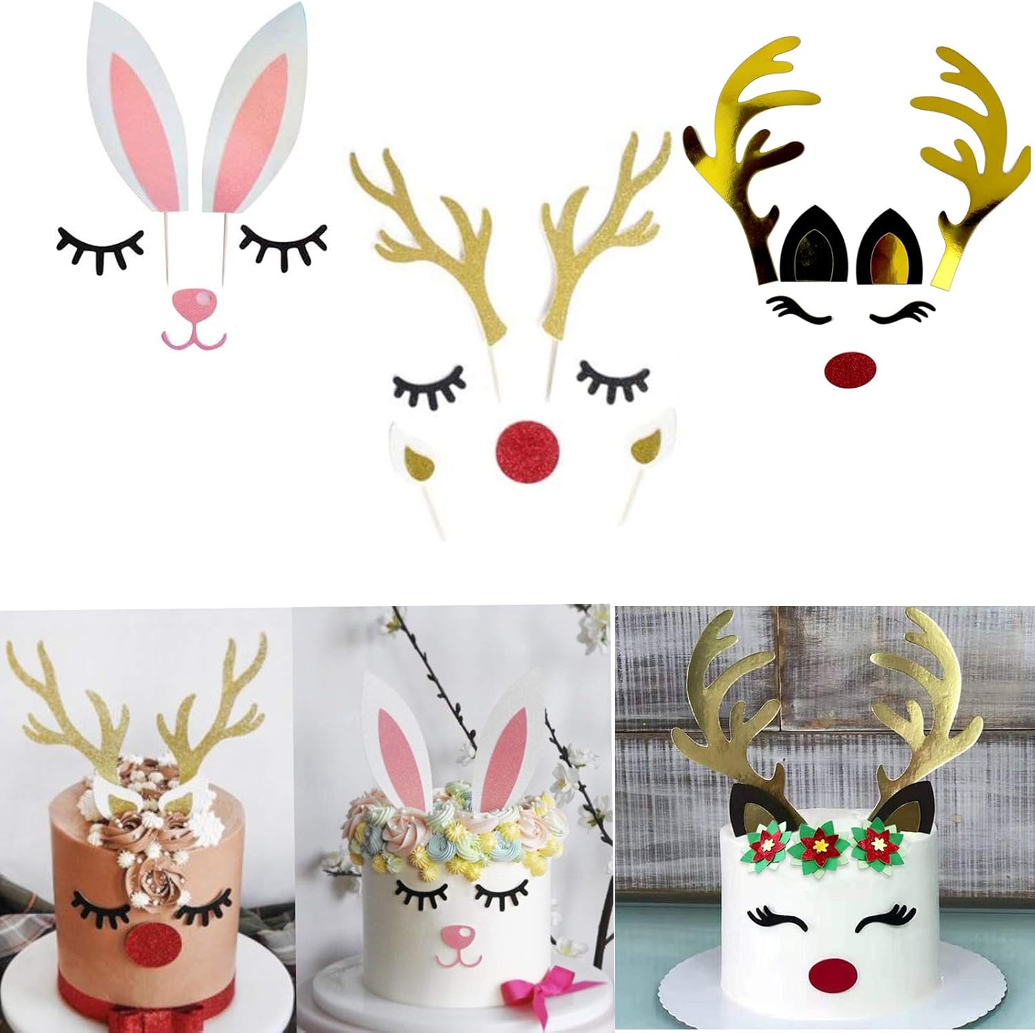 3 Set Christmas Cake Topper Decorations Reindeer Antler Rabbit Bunny Cake Topper with Eyelashes Nose Ear for Easter Xmas Halloween Party Decor Supplies